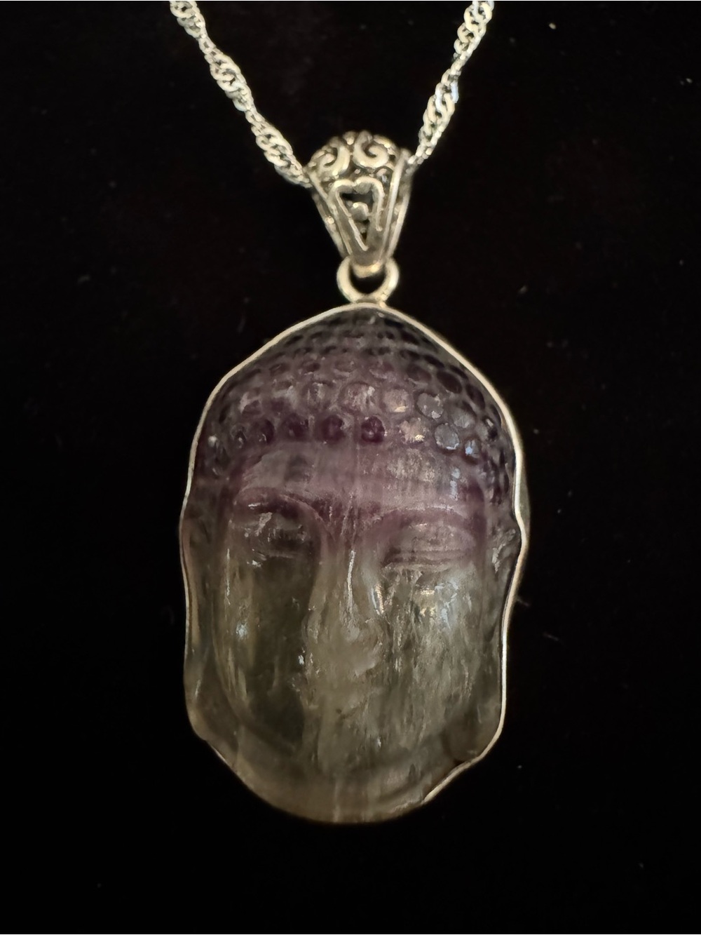 Hand-Carved Fluorite Buddha Pendant Necklace - Purple‎ and Green sterling silver